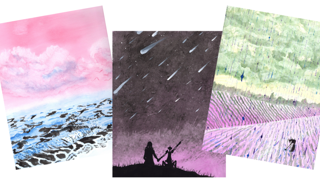 Previews of 3 brushstroke paintings for Seven Seasons: the X9 Saijiki. The leftmost image features ocean waves covered in oil. The middle image features a girl and robot gazing at a meteor shower. The rightmost image features a figure hoeing a field under a chemical rain.